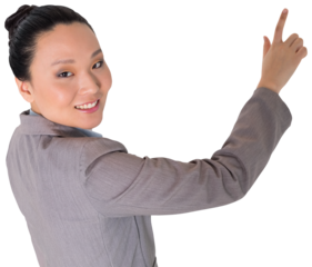 Digital png photo of happy asian businesswoman pointing on transparent background