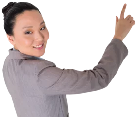 Zelfklevend Fotobehang Aziatische plekken Digital png photo of happy asian businesswoman pointing on transparent background