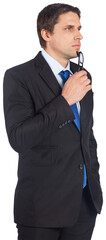 Digital png photo of caucasian businessman standing holding eyeglasses on transparent background