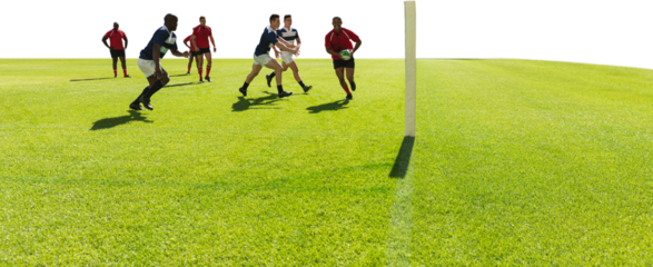 Digital png photo of diverse male rugby players playing on court on transparent background