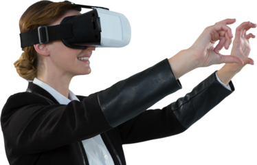 Digital png photo of caucasian businesswoman using vr headset on transparent background