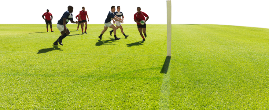 Digital png photo of diverse male rugby players playing on court on transparent background