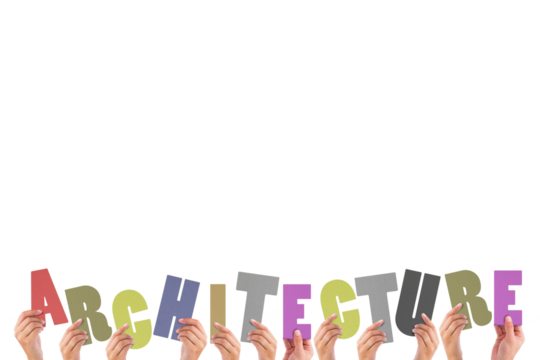 Digital png illustration of hands with architecture text on transparent background