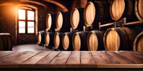 Fototapeta na wymiar Empty wooden tabletop for product display on blurred winery wine barrels cellar background.