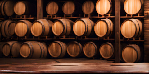 Empty wooden tabletop for product display on blurred winery wine barrels cellar background.