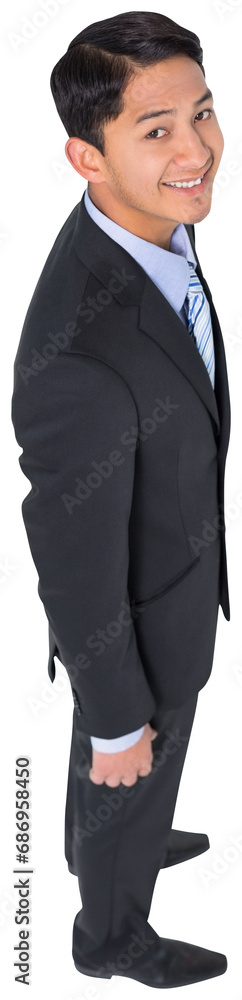 Poster digital png photo of happy biracial businessman standing on transparent background