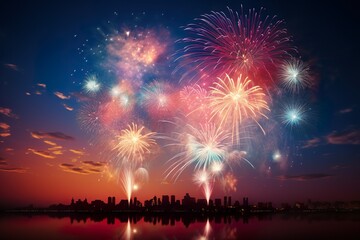 Fototapeta na wymiar happy new year celebration realistic fireworks in sky background illustration 
