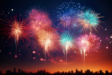 Fototapeta na wymiar happy new year celebration realistic fireworks in sky background illustration 