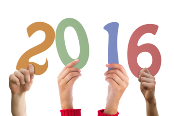 Digital png illustration of hands with 2016 text on transparent background