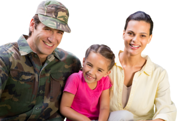 Digital png photo of happy caucasian solider, wife and daughter, smiling on transparent background