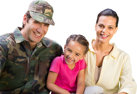 Digital png photo of happy caucasian solider, wife and daughter, smiling on transparent background