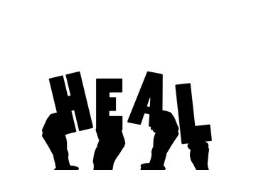 Digital png illustration of hands and heal text on transparent background