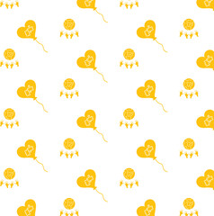 Digital png illustration of yellow heart balloons and globes repeated on transparent background
