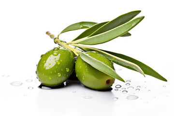 Delicious green olives with leaves, isolated on white background - obrazy, fototapety, plakaty