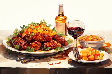 flat illustration of food set on the table 