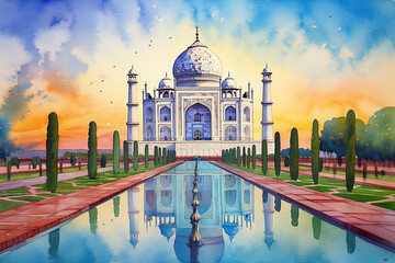 Taj Mahal in watercolor painting - obrazy, fototapety, plakaty