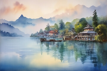 Naklejka premium Sun Moon Lake Taiwan in watercolor painting