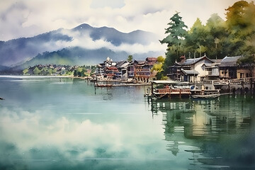 Fototapeta na wymiar Sun Moon Lake Taiwan in watercolor painting