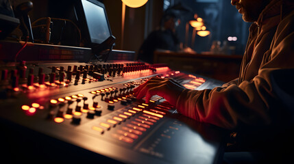 Close up the hands of the audio operator on the audio control panel ,To control the sound of music in pubs.