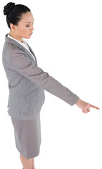 Digital png photo of serious asian businessman pointing finger on transparent background