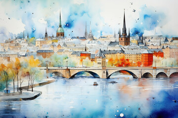 Stockholm Sweden in watercolor painting