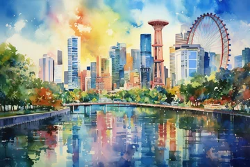 Fotobehang Singapore City in watercolor painting © arhendrix