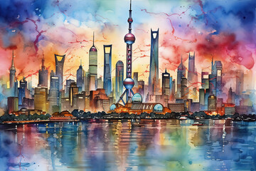 Shanghai China in watercolor painting