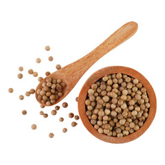 White Peppers in Wooden Bowl and Spoon Isolated Transparent