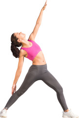 Digital png photo of happy caucasian sportswoman stretching on transparent background