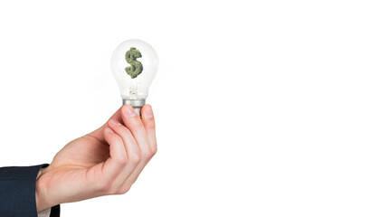 Digital png illustration of hand holding light bulb with dollar sign on transparent background