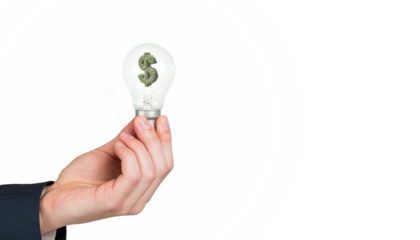 Digital png illustration of hand holding light bulb with dollar sign on transparent background