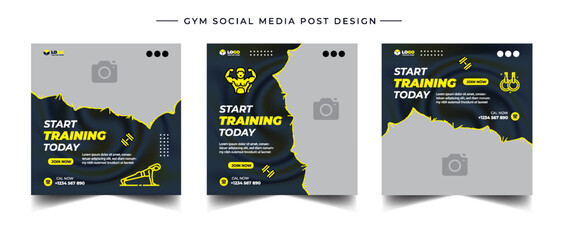 Gym, fitness, and sports social media post template design set. Usable for social media, banner, and website.	
