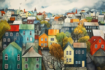 Reykjavik Iceland in watercolor painting - obrazy, fototapety, plakaty