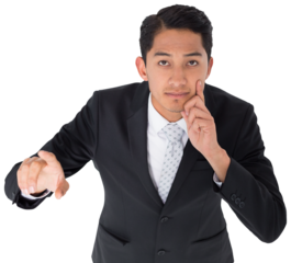 Digital png photo of thinking biracial businessman pointing finger on transparent background