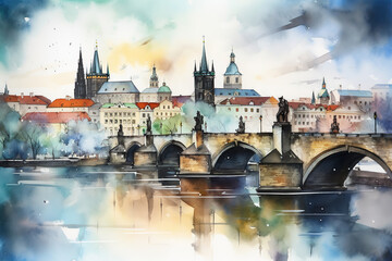 Prague in watercolor painting - obrazy, fototapety, plakaty