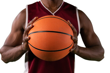 Naklejka premium Digital png photo of mid section of basketball player holding ball on transparent background