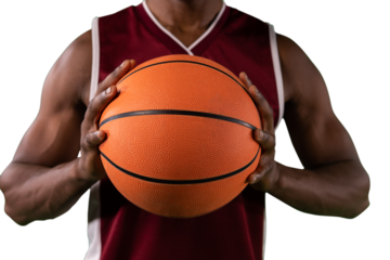 Digital png photo of mid section of basketball player holding ball on transparent background