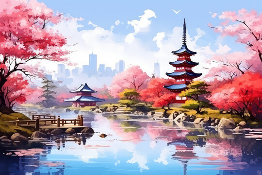 illustration painting of Castle with beautiful cherry blossom in spring season in Japan