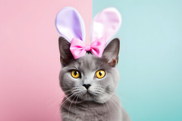 Happy cute cat wearing ears bunny rabbit. Happy Easter holiday background.