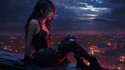 Fototapeta premium Beautiful cyberpunk girl sitting on the roof background wallpaper ai generated image
