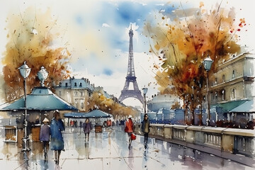 Paris, Eiffel Tower in the center, watercolor painting