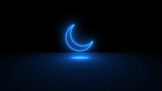 Glowing blue 3d neon moon symbol. Glowing neon line Moon icon background. Cloudy night sign. neon crescent moon. Simple icon for websites, web design, mobile app, info graphics