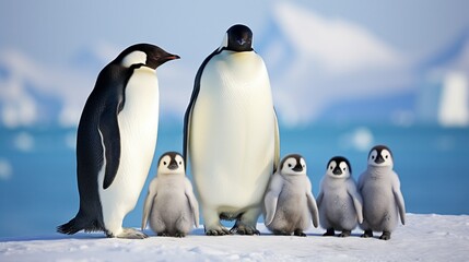 A family of penguins waddling through a snowy landscape, their tuxedo-like plumage perfectly suited for the cold.