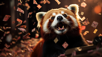 Very happy colourful bright red panda bear takes out a lucky ticket of lottery - obrazy, fototapety, plakaty