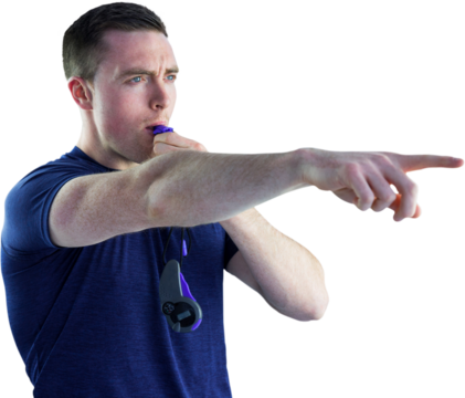 Digital png photo of focused caucasian referee blowing whistle on transparent background