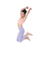 Digital png photo of happy caucasian woman jumping on transparent background