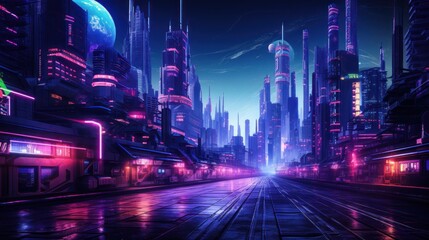 Cyberpunk city with streets at night background wallpaper ai generated image - obrazy, fototapety, plakaty