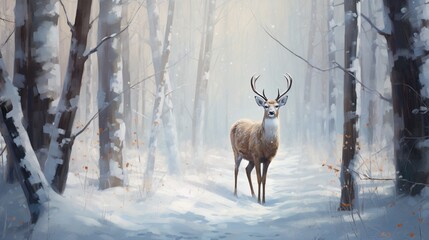 A graceful deer amidst a peaceful snow-covered forest, its elegance accentuated by the pristine winter landscape.