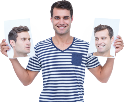Digital png photo of caucasian man holding cards with portraits on transparent background