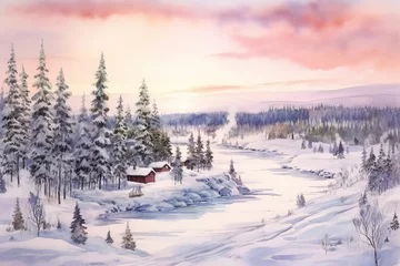 Foto auf Alu-Dibond Lapland Finland in watercolor painting © arhendrix